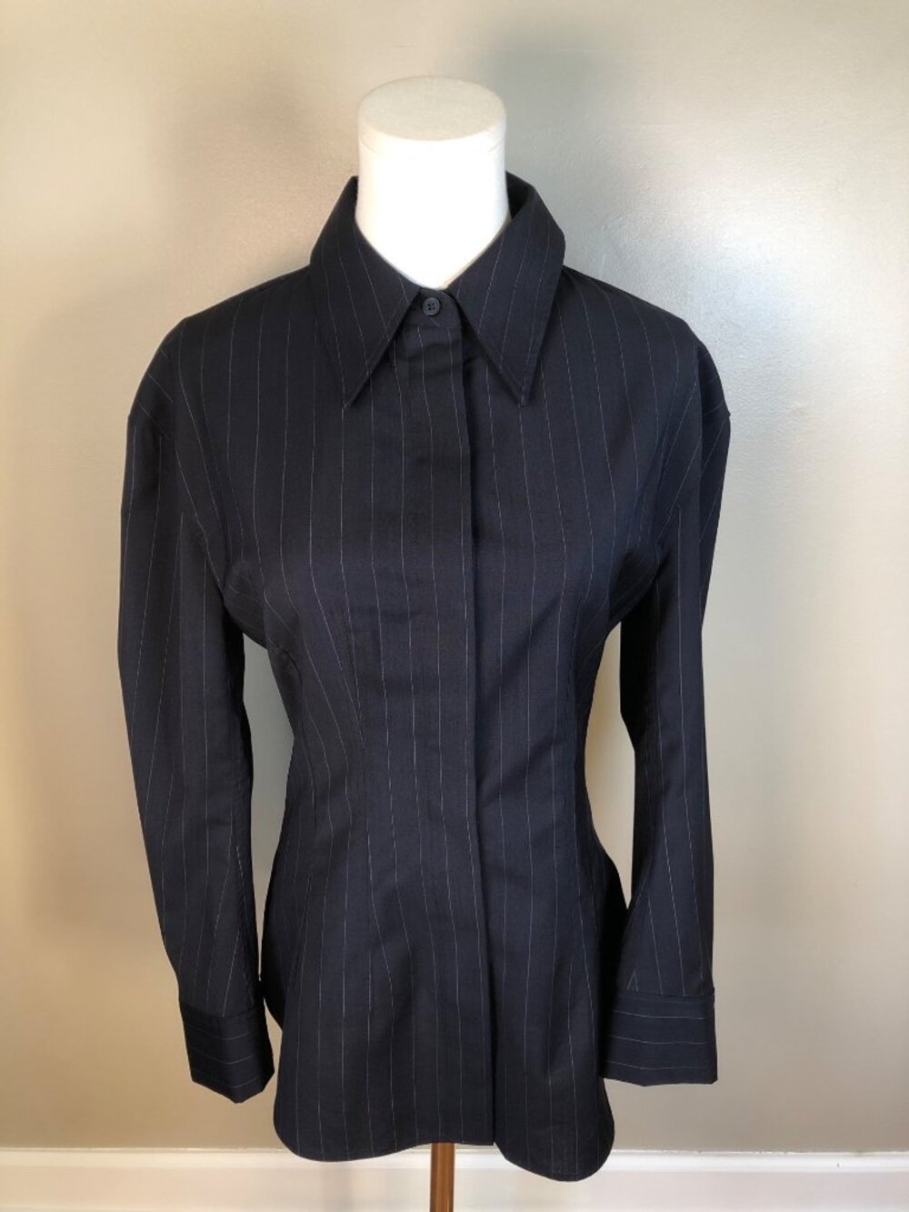 COS Waisted 100% Wool Shirt 6 Black Pinstripe Exaggerated Point Collar Corpcore